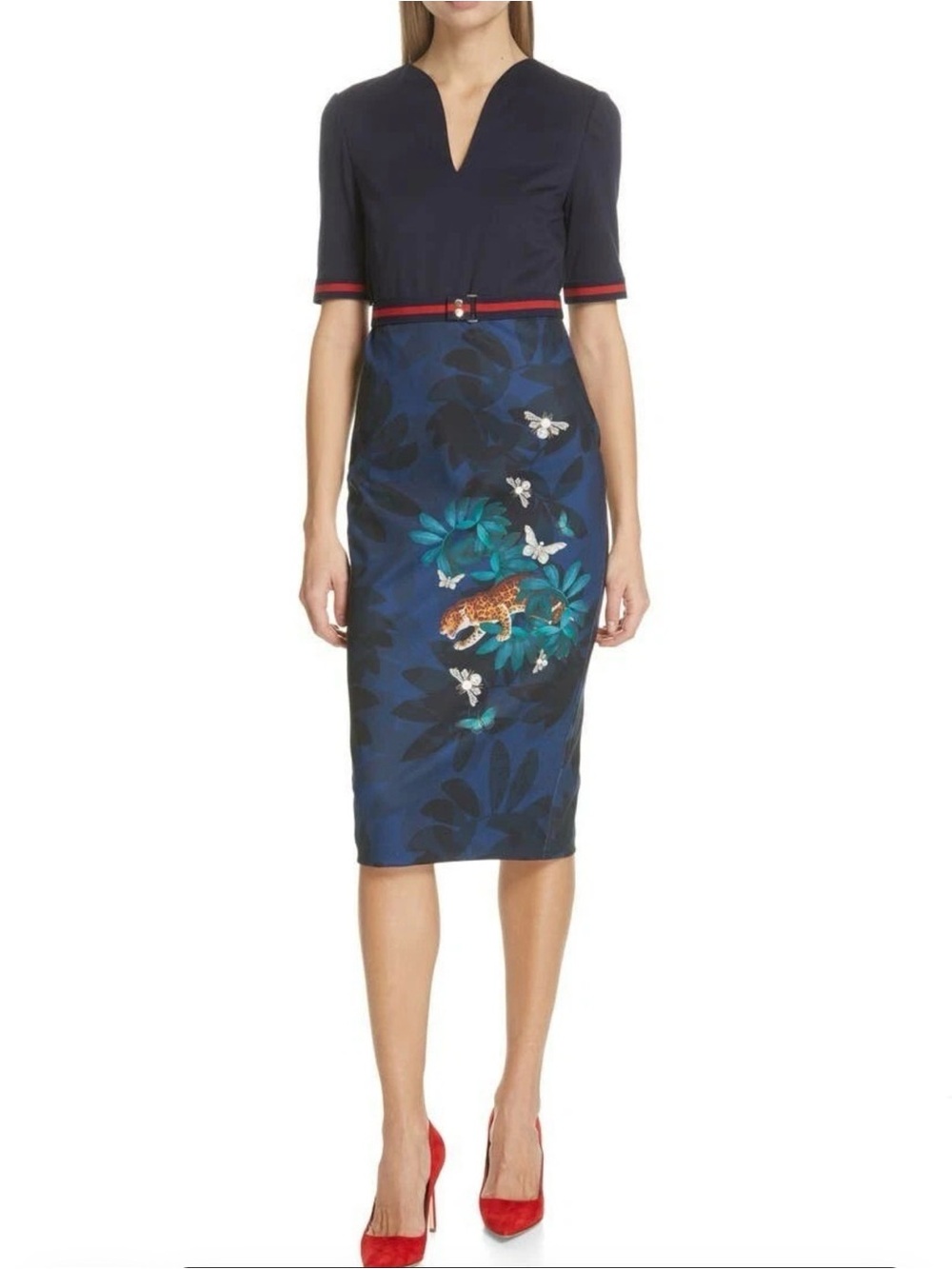 Ted Baker Navy Midi Sheath Dress with Floral & Animal Motif and Red Trim